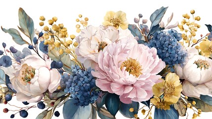 Bouquet of pink peonies blue hydrangeas and yellow flowers with green leaves on white background