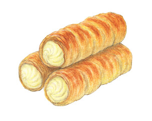 クリームホーン　筒形クリームパイ　水彩色鉛筆イラスト