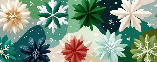 Vibrant winter snowflake pattern on green background with colorful star shapes and snow