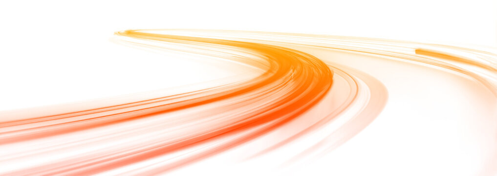 Bright neon speed lines swirl along a luminous white road. Flowing ribbons of light visualize fast motion and dynamic energy. Modern futuristic illustration isolated in png.