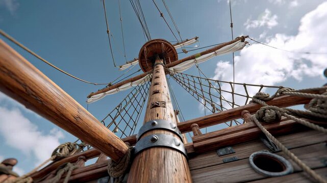 Majestic wooden ship mast captured from below, showcasing intricate rigging and textures, as the camera smoothly pans upward, revealing the expansive sky and sails above, enhancing maritime adventure