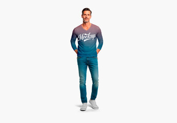 Casual Man In Long Sleeve Shirt And Jeans Mockup