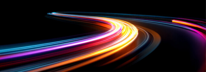 Abstract neon speed lines spiral across a night-time city street. Glowing light ribbons highlight rapid motion and futuristic energy flow. Modern digital illustration isolated in vector. © Strongstock03