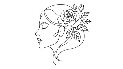 a minimalist line art illustration of a woman's profile with a rose and leaves incorporated into her hair, often associated with themes of nature, beauty, femininity, and self-care. 