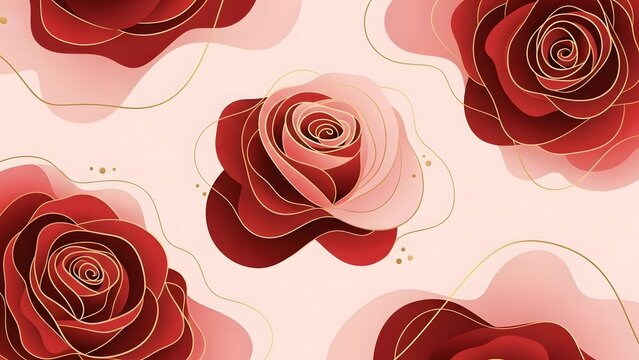 An elegant abstract floral pattern featuring stylized red roses with gold line art. - Powered by Adobe