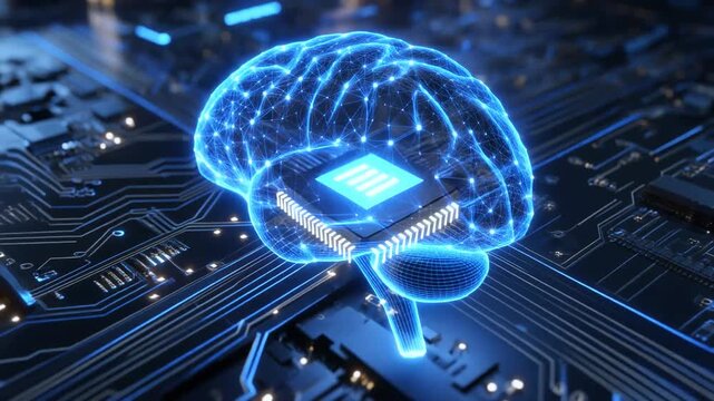 Abstract digital brain with AI chip and circuit in blue. Technology innovation background. Futuristic tech bg. AI microchip or semiconductor with neon glowing effect , of processor. , 4k video 