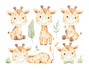 Watercolor Illustration Set of Baby Giraffe and Tropical Leaves