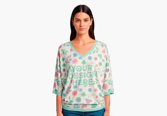 Woman Wearing Loose T Shirt V Neck Blouse Mockup
