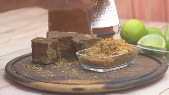 Grating panela on a wooden board with lime, rustic cooking scene
