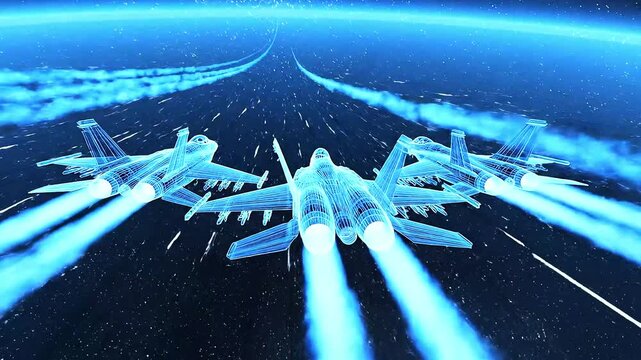 Military three Fighter Jets in flight. Digital airplane in futuristic low poly wireframe style. High-speed tech innovation concept. Army aircraft in nightly starry sky. Tech aviation , 4k ,video
