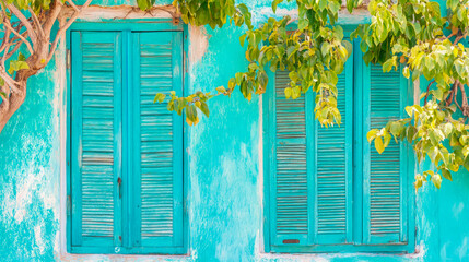 Vibrant turquoise wall featuring rustic wooden louvered shutters framed by bright green foliage and tree branches in Mediterranean style architecture