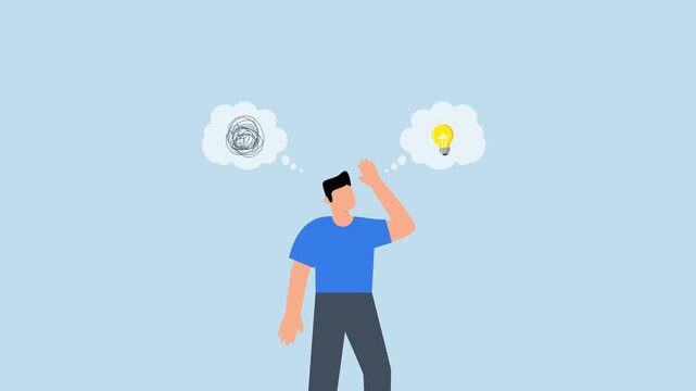 Problem solving, 4k animation of businessman thinking with mess problem and lightbulb idea.
