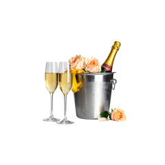 Champagne bottles and glasses are placed separately in an ice bucket, with white wine on a white background
