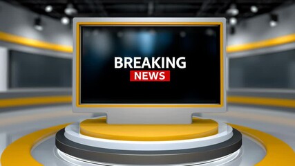 Dynamic studio scene showcasing a modern television screen displaying breaking news, with gradual zoom in on the screen, emphasizing the urgency and clarity of the broadcast message