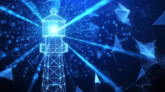Abstract digital lighthouse with a bright beam on a dark blue technology background in a futuristic style. Guiding light and business vision concept. Low poly wireframe  4k video