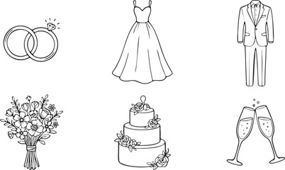 Wedding celebration icons featuring rings dress suit bouquet cake champagne glasses diamond engagement