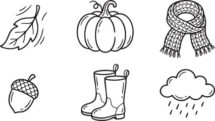 Black and white line art icons of autumn objects leaf pumpkin scarf acorn boots cloud fall © Yasin