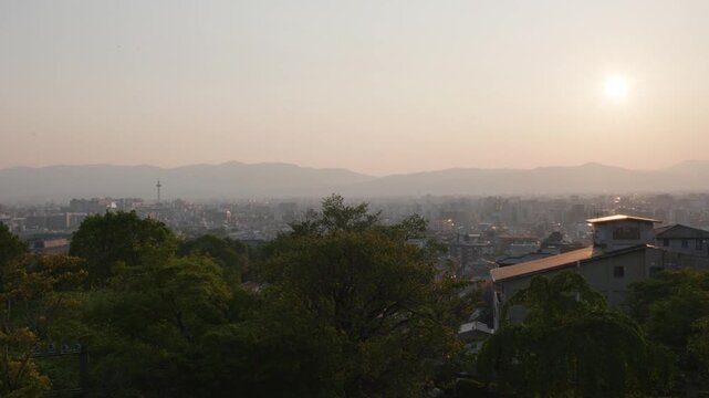 Sunset view of Kyoto city and mountains from Kiyomizu dera, Japan.