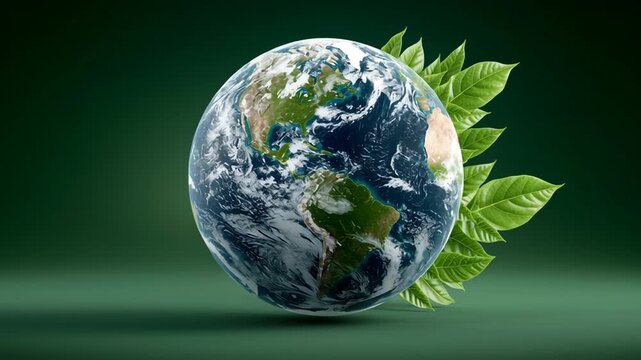 Earth globe surrounded by vibrant green leaves, showcasing environmental harmony, with a gradual zoom in on the planet's surface and foliage, emphasizing nature's beauty and connection