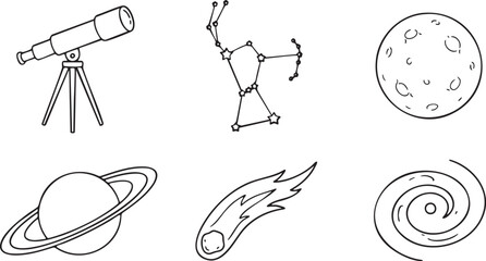 Hand drawn black and white line art of telescope constellation moon planet comet and galaxy tripod
