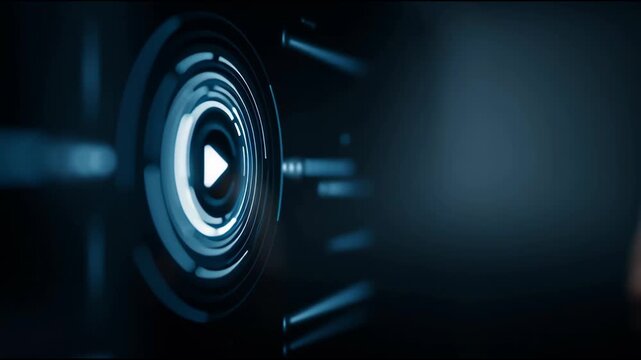 Futuristic play button interface with glowing blue circle, digital touch screen technology, interactive human finger control, modern innovation, virtual media, sleek design, cyber connection, progress