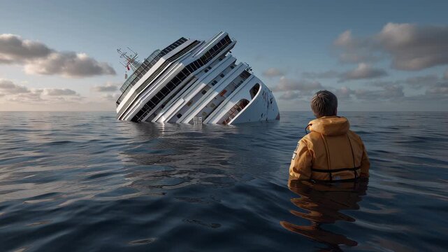 Individual in bright yellow survival suit gazes at capsized ship, water reflecting soft clouds, camera slowly zooms in, capturing the tension and isolation of the scene