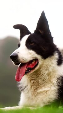 Vertical shot Border Collie sheep dog laying down in grass in beautiful nature