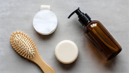 Natural hair care products flat lay: shampoo bar, brush, lotion bottle, and reusable cotton pads