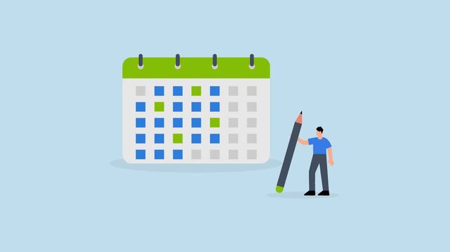 Calendar schedule, 4k animation of businessman hold pencil thinking with calendar schedule plan.