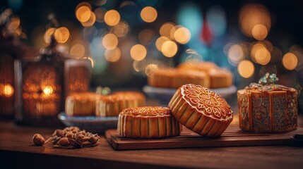 Close-up of intricately designed mooncakes, nuts, and a decorative box on a wooden table, with bokeh lights