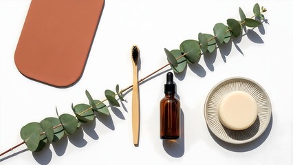 Eco friendly bathroom essentials bamboo toothbrush natural soap oil dropper and eucalyptus leaves flatlay