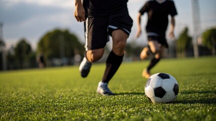 Fototapeta premium Close-up of soccer players' legs and a ball on a green field. Players run, wearing black shorts and cleats