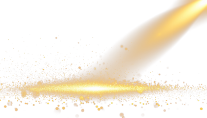 Yellow spotlight beam shining on floor with glow and golden sparkles on transparent PNG clipart for design.