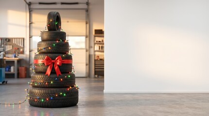 car tires stacked as Christmas tree decorated with colorful lights and festive red ribbon in auto workshop.Christmas-themed banner concept perfect for holiday sales or advertising for car repair shop