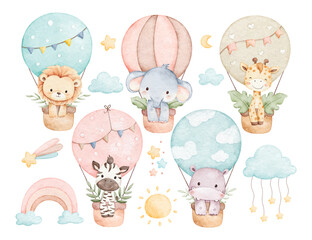 Watercolor Illustration Set of Safari Animals in Hot Air Balloon and Sky Elements