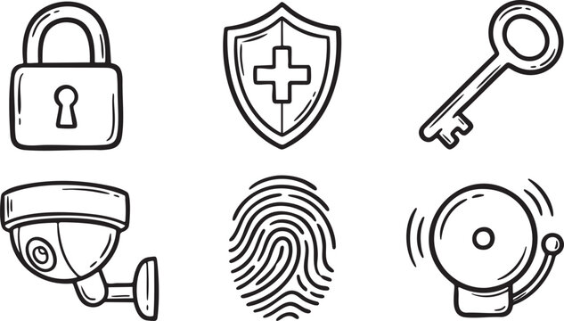 Hand drawn security icons padlock shield key surveillance camera fingerprint alarm bell protection
