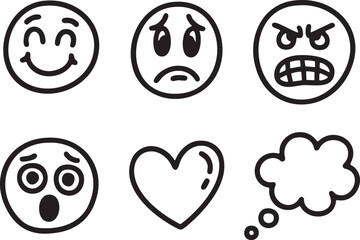 Six black line art icons showing emotions a heart and a speech bubble happy angry