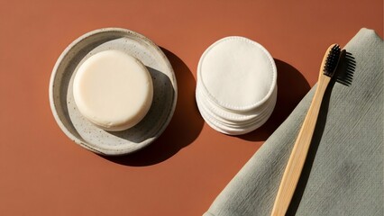 Sustainable bathroom essentials zero waste lifestyle eco friendly products flat lay stock photo