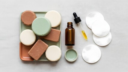 Natural skincare products: soap bars, oil serum, cotton pads for beauty routine, organic and eco friendly
