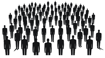 A large group of identical black silhouettes stands in orderly rows, creating a sense of scale, unity, and anonymity. Ideal for topics like crowd, society, organization, teamwork