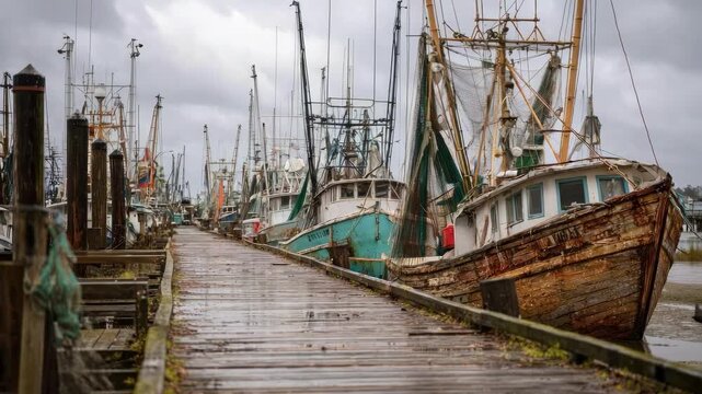Old fishing boats line a weathered wooden pier under gray skies at a windy harbor.