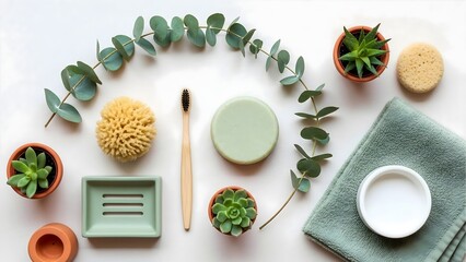 Eco friendly bathroom essentials zero waste sustainable living spa day flat lay top view minimalist aesthetic