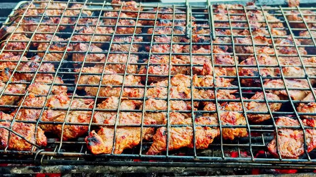 Close-up of meat cooking on a barbecue grill over hot embers in Sharm El-Sheikh