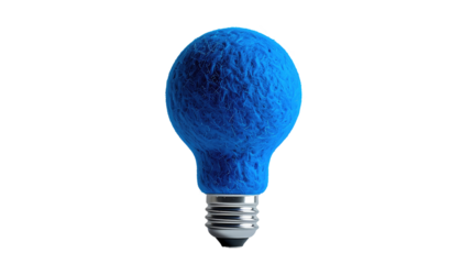 Blue, fluffy lightbulb with silver base against black background, textured surface