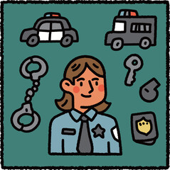 Cute hand-drawn police officer illustration with patrol car, handcuffs and badge – law enforcement profession theme