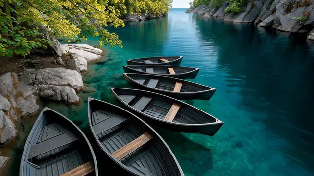 Row of black wooden boats anchored along a serene turquoise riverbank, surrounded by vibrant foliage, showcasing tranquil nature scene with gradual camera zoom in on the boats