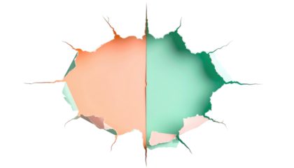 Abstract splatter art Peach and teal halves, radiating from center on black