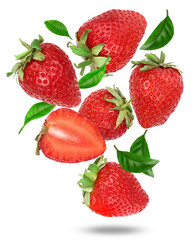 beautiful photograph of fresh, vibrant strawberries with bright green leaves scattered on a stark transparent background, perfect for food blogs and ads