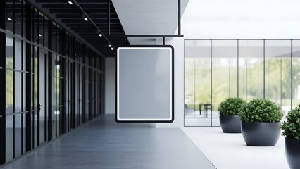Modern office hallway with a blank hanging sign and large windows overlooking greenery