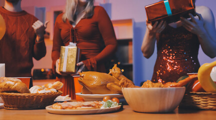 Festive Office Christmas Party with Delicious Food. A beautifully decorated office space with Christmas trees and festive lights, set up for a holiday party.